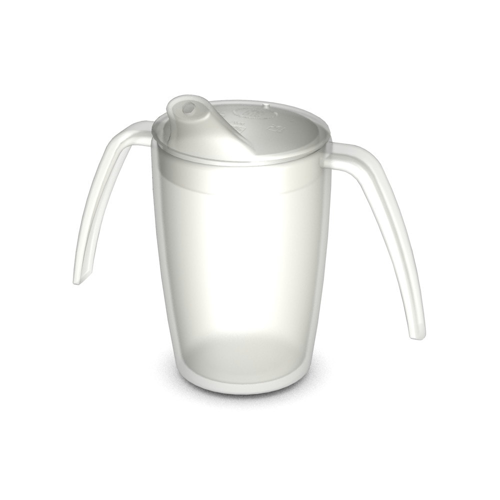 Two handled mug with spouted lid, small opening