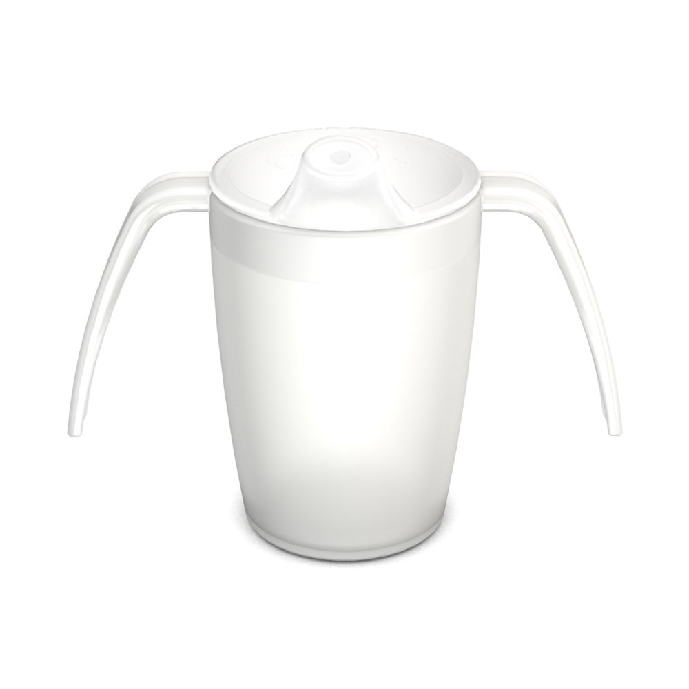 Two handled mug with spouted lid, small opening