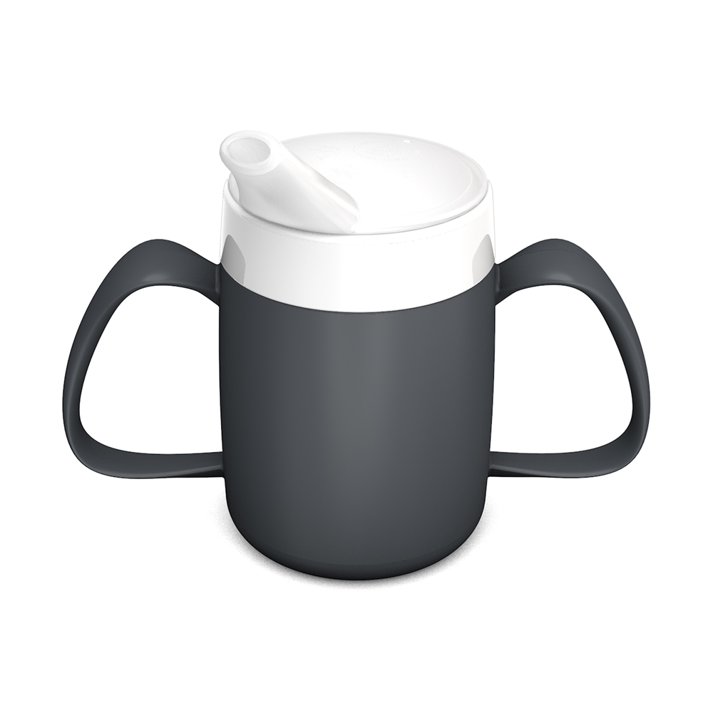 Two handled mug with internal cone and spouted lid, large opening Two handled mug with internal cone and spouted lid, large opening