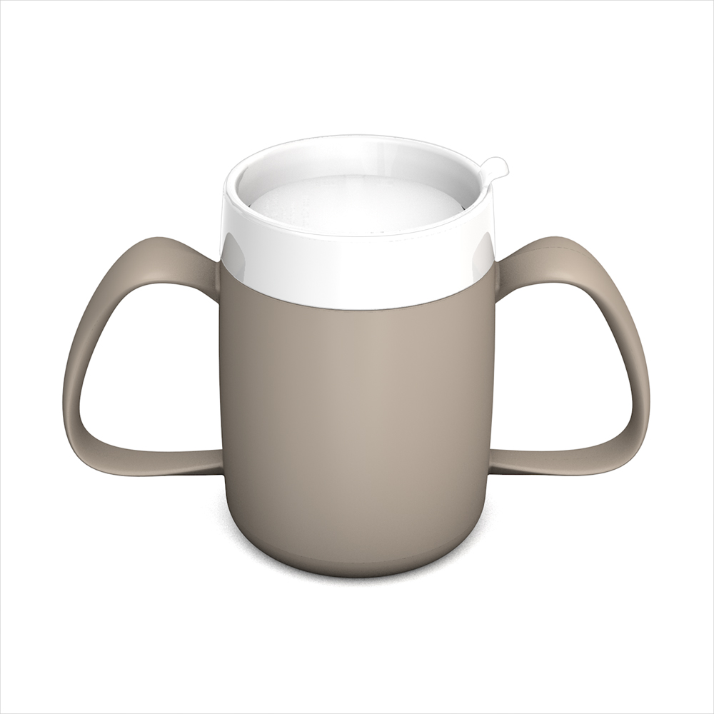Two handled mug with internal cone and discreet drinking lid