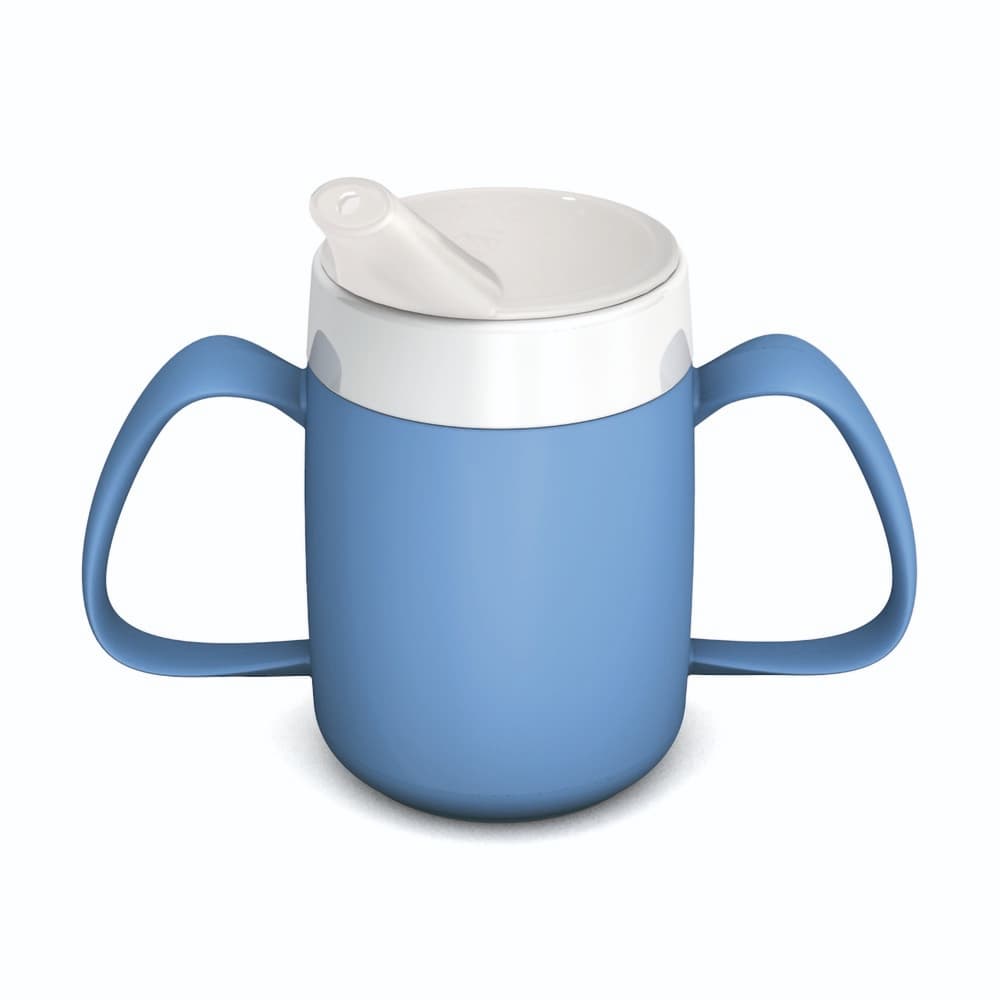 Two handled mug with internal cone and spouted lid, small opening