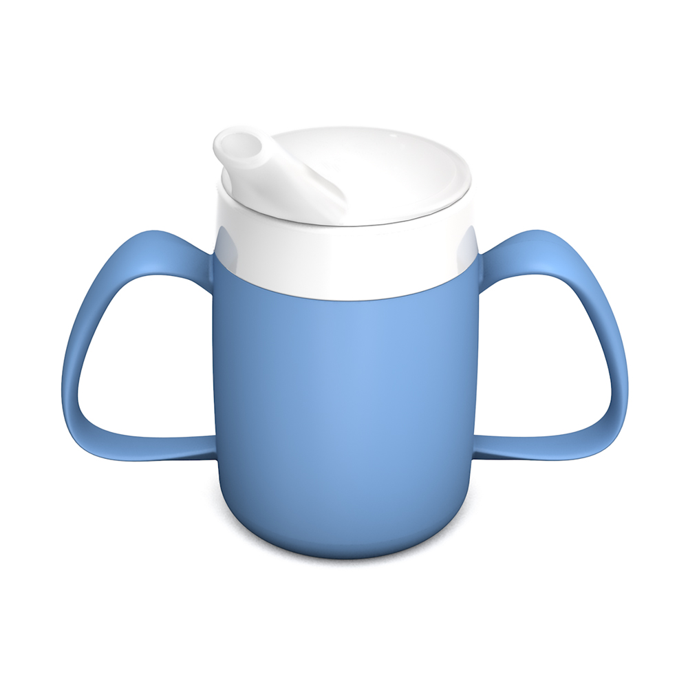 Two handled mug with internal cone and spouted lid, small opening