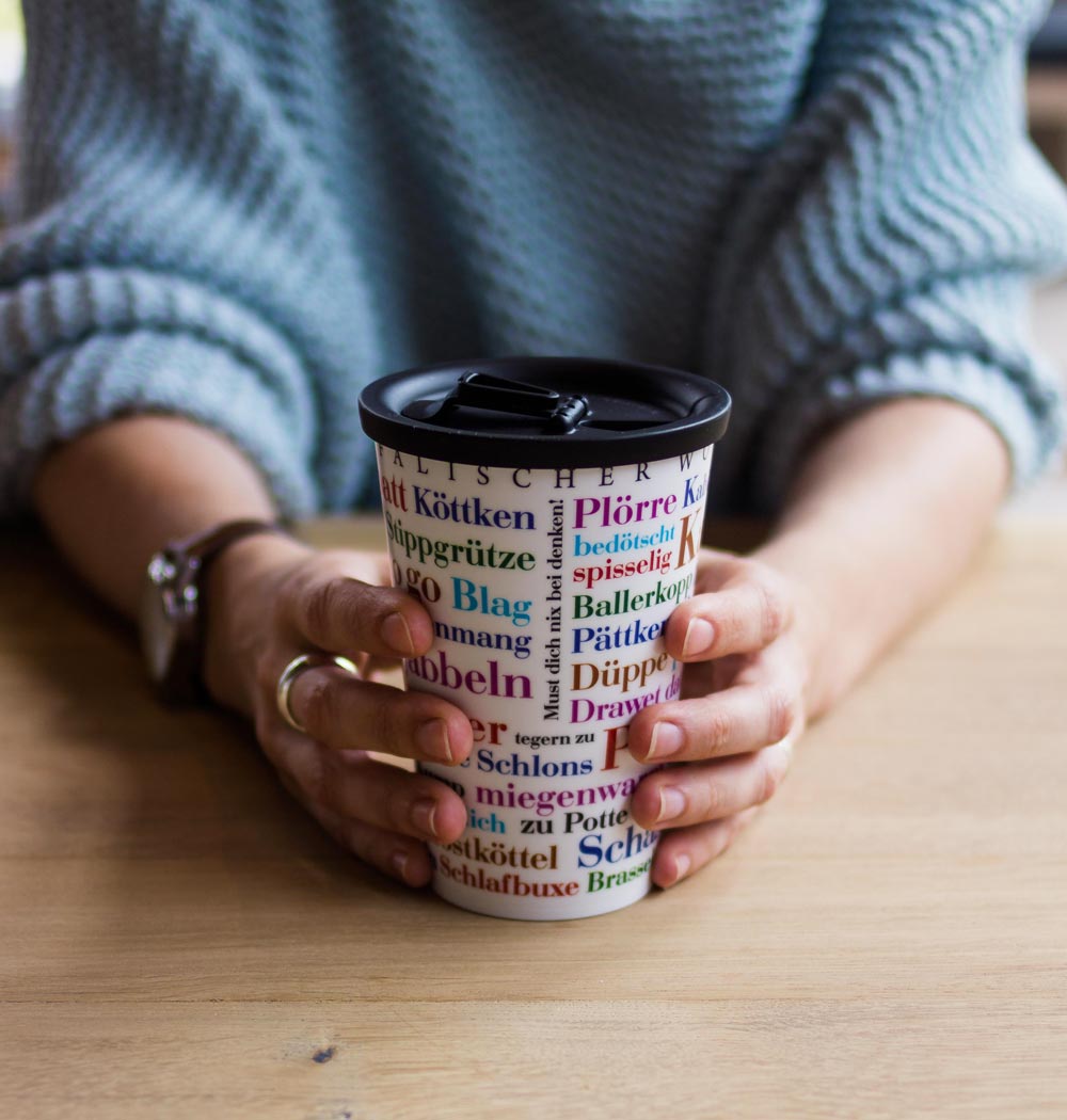 ORNAMIN Coffee to-go Mehrwegbecher mit Ostwestfählischer Wortschatz Dekor