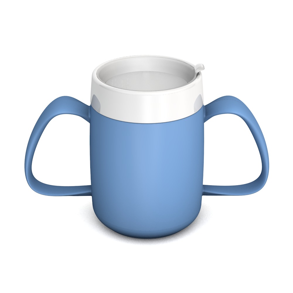 Two handled mug with internal cone and discreet drinking lid Two handled mug with internal cone and discreet drinking lid