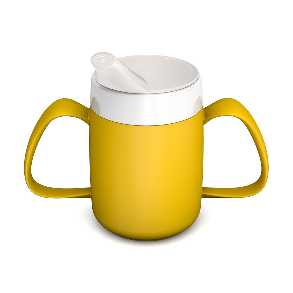 Two handled mug with internal cone and spouted lid small opening