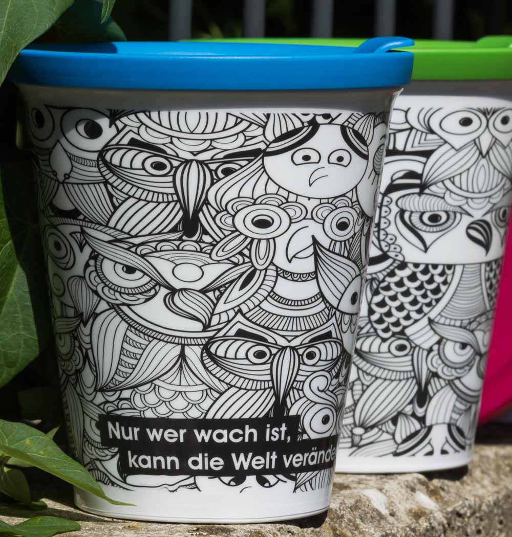 ORNAMIN Coffee to-go Mehrwegbecher im Eulenbecher Design und blauem Trinkdeckel