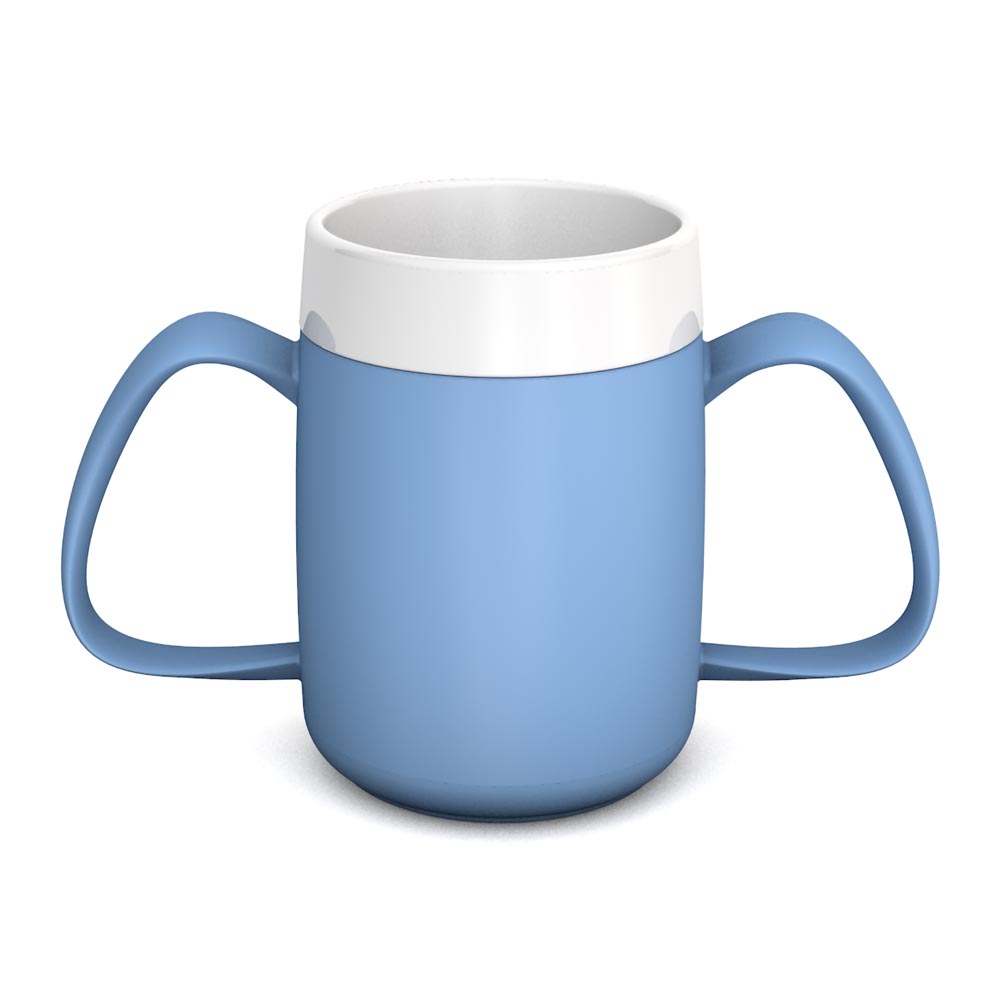 Two handled mug with internal cone and discreet drinking lid Two handled mug with internal cone and discreet drinking lid